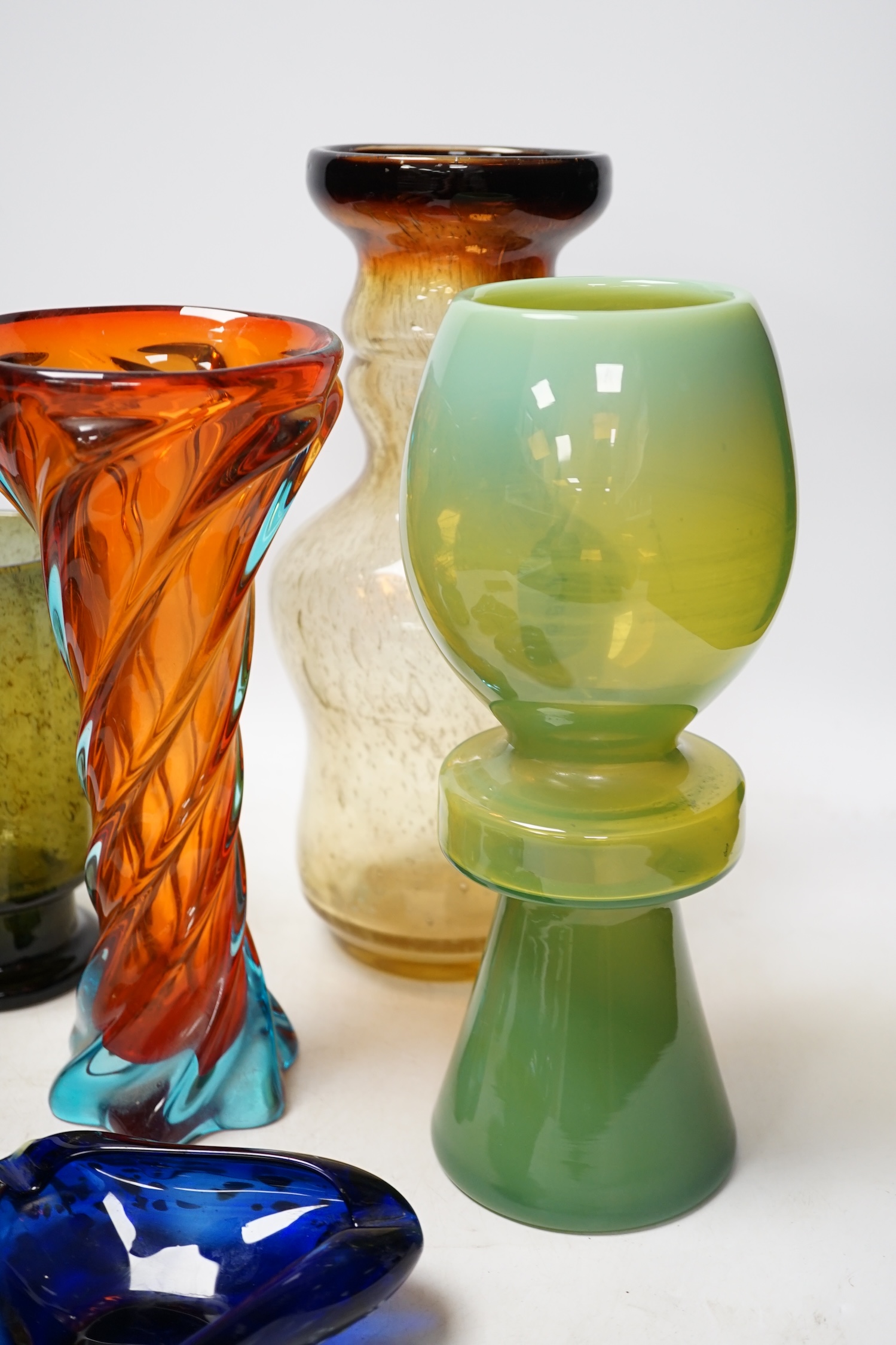 Seven mid 20th century glass items including; a Murano glass vase and six Polish glass items, tallest 30.5cm